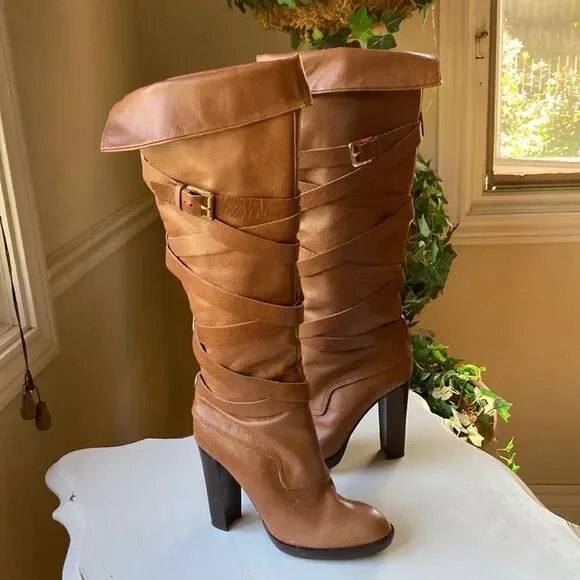 Michael Michael Kors Greenwich Belted Knee High Tan Wrapped Leather Boots Sz 5.5 - Picture 5 of 16